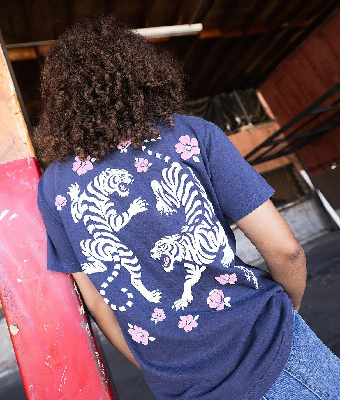 Tiger Cherry Blossoms Puff Boyfriend Tee - Navy sold by riot society