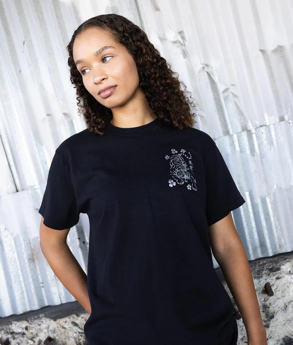 Tiger Cherry Blossoms Kanji Metallic Boyfriend Tee - Black sold by riot society product image thumbnail 2
