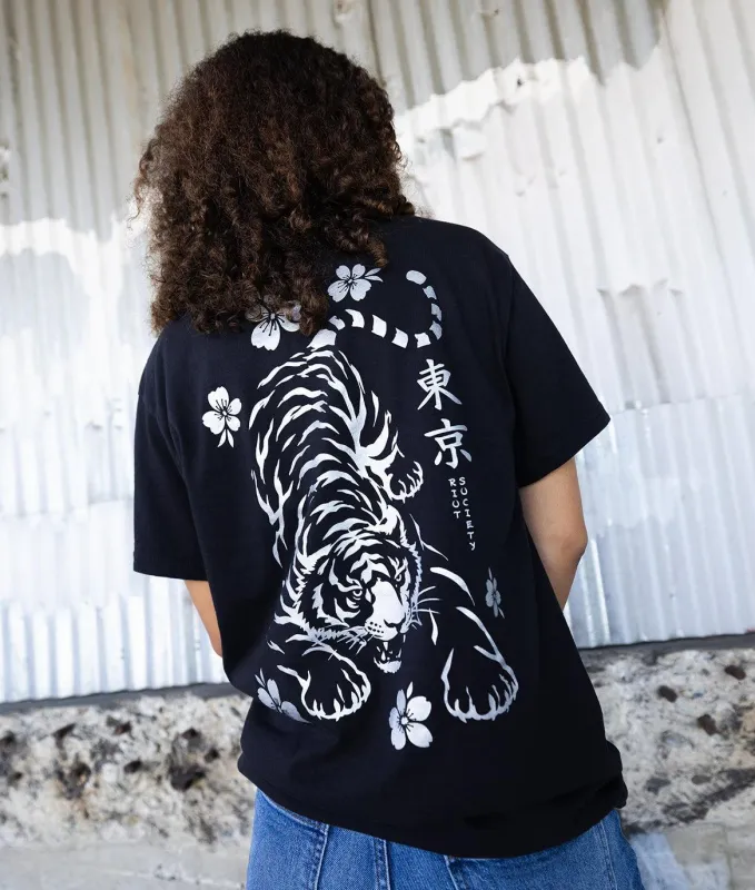 Tiger Cherry Blossoms Kanji Metallic Boyfriend Tee - Black made by riot society