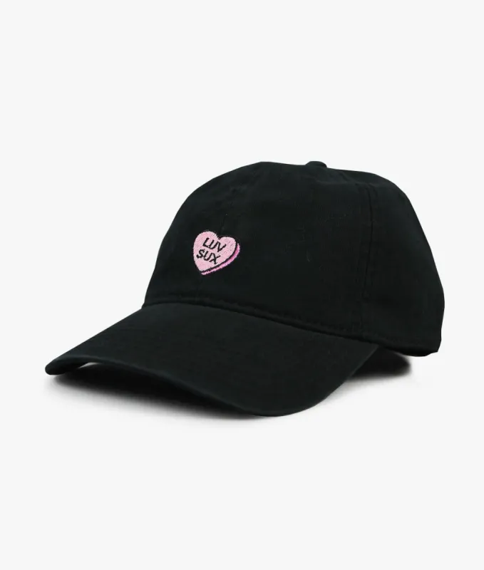 Luv Sux Candy Heart Embroidered Womens Dad Hat sold by riot society