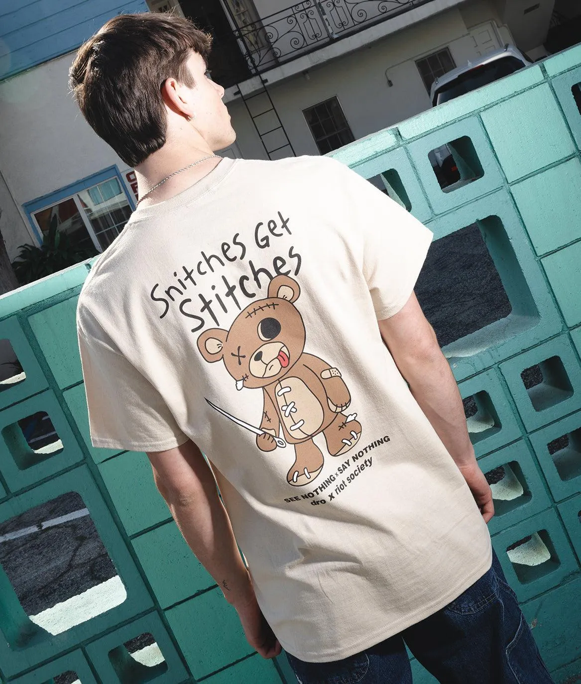 Dro x Riot Society Snitches Get Stitches Mens T-Shirt sold by riot society product image thumbnail 3