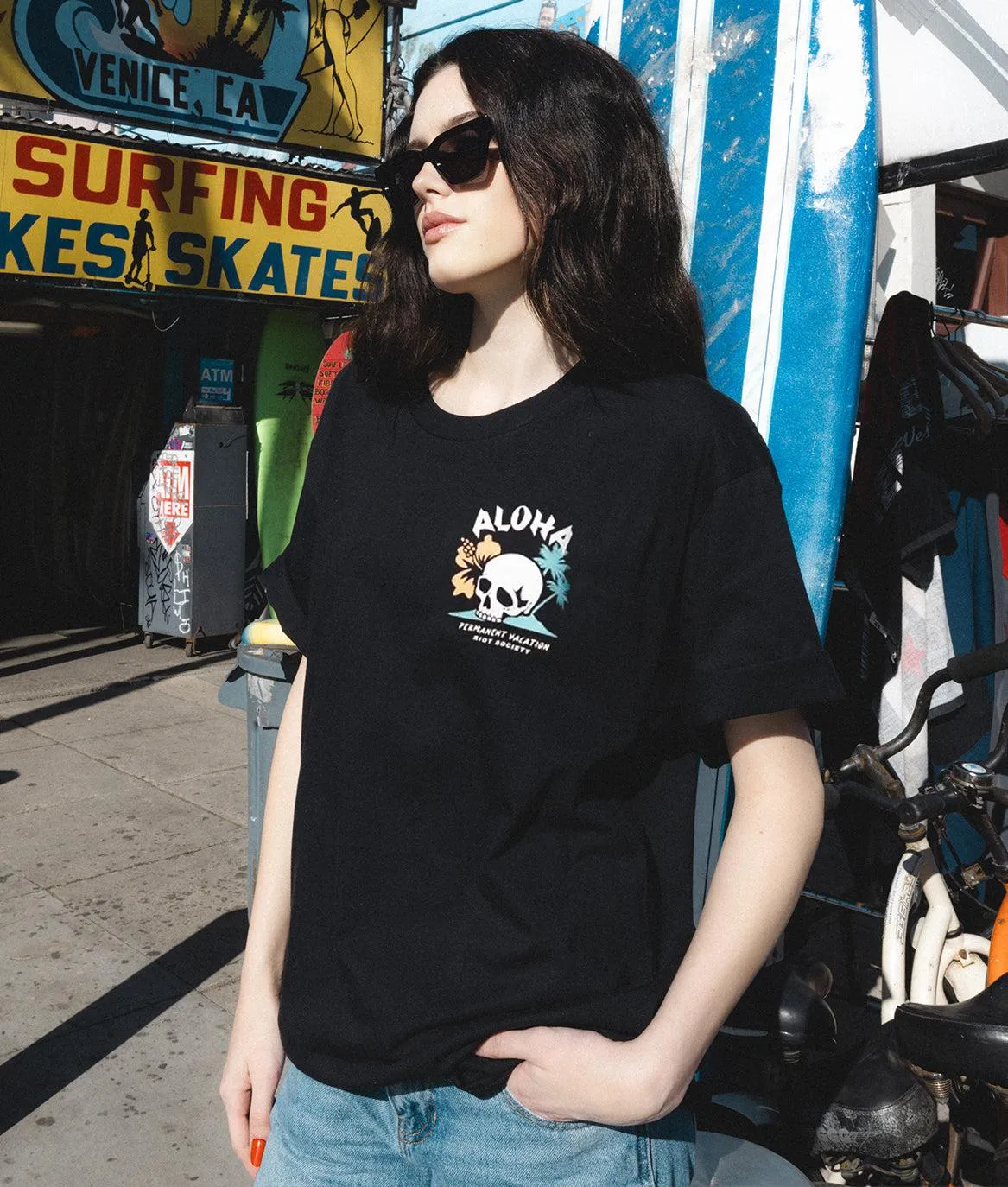 Aloha Hula Girl Permanent Vacation Womens Tee sold by riot society