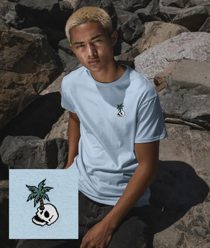 Palm Tree Skull Embroidered Mens T-Shirt sold by riot society