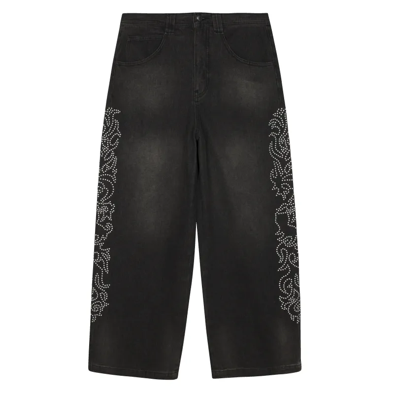 Pretty Flacko Extra Wide Leg Pants (Black Vintage Wash Denim) sold by Ripndip