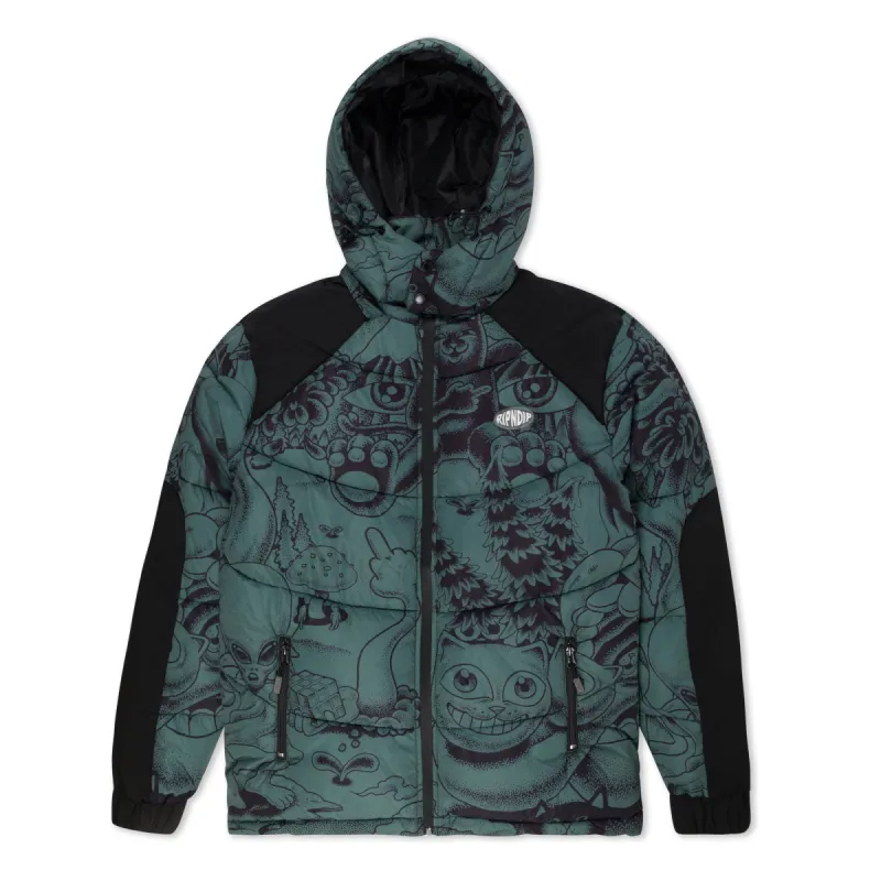 Dark Twisted Fantasy Puffer Jacket (Olive/Black) sold by Ripndip