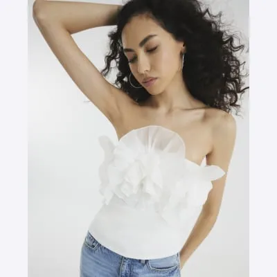 Cream Mesh Floral Bandeau Top sold by River Island