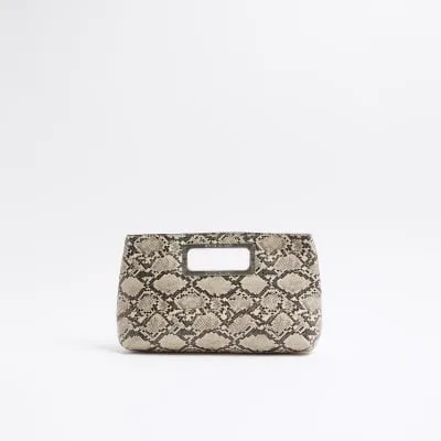 Beige Metal Handle Snake Print Clutch Bag sold by River Island