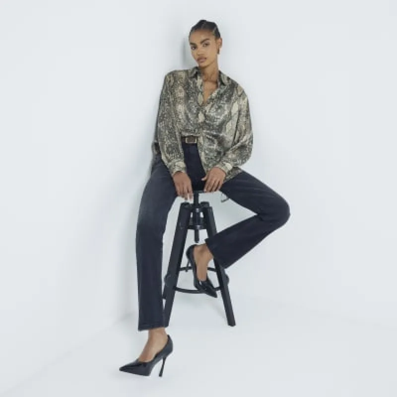 Brown Satin Snake Longline Shirt sold by River Island