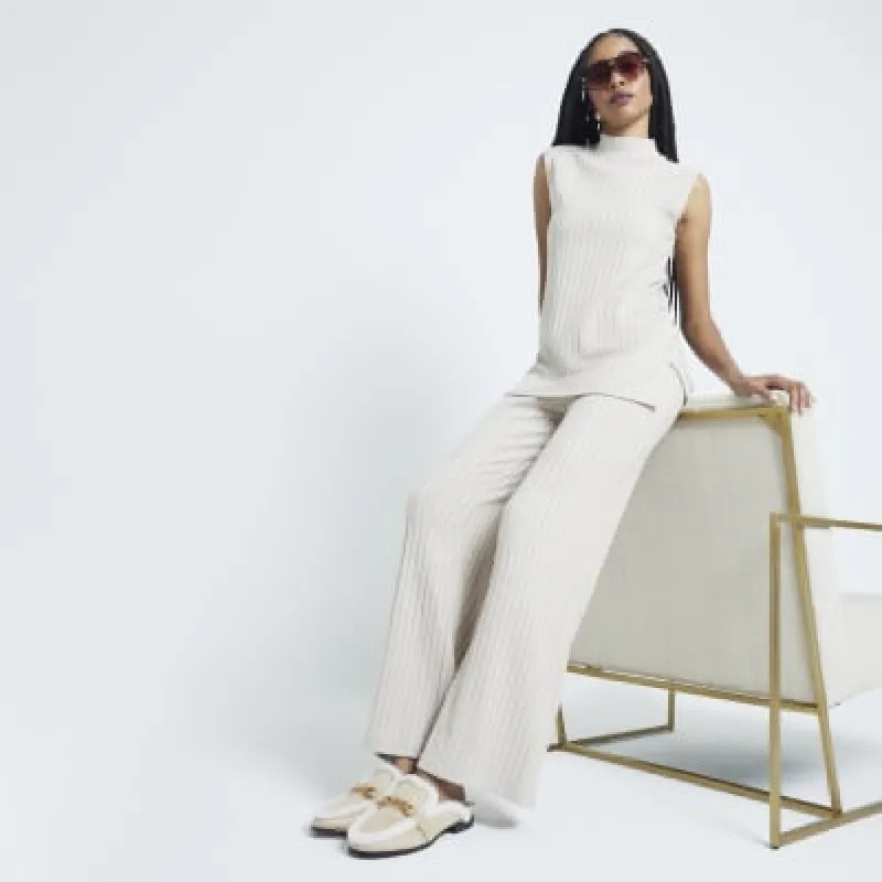 Beige Ribbed Wide Leg Trousers sold by River Island