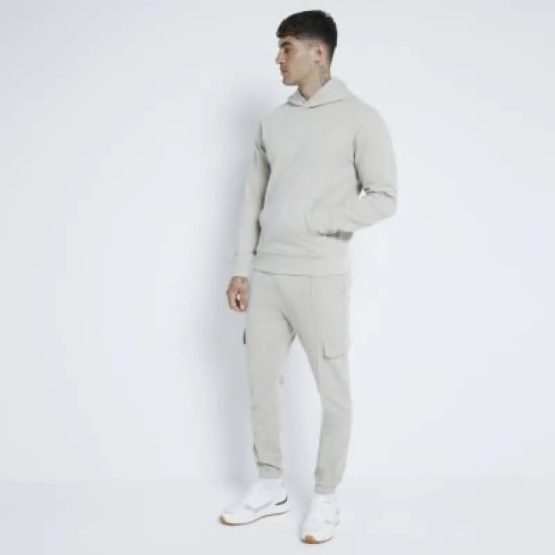 Stone Slim Fit Pique Hoodie sold by River Island