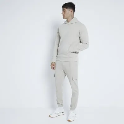 Stone Slim Fit Pique Hoodie sold by River Island