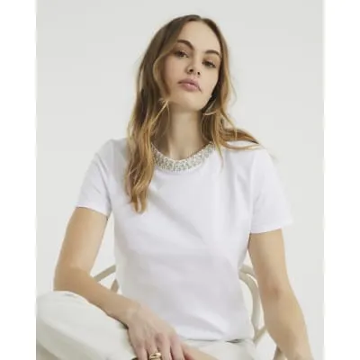 White Short Sleeve Necklace Trim T-shirt sold by River Island
