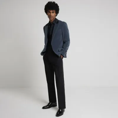 Dark blue velvet tux jacket sold by River Island