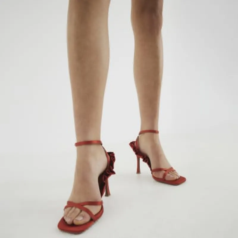 Red Satin Ruffle Heeled Sandals sold by River Island
