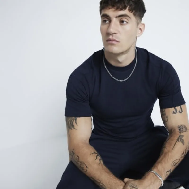 Navy Muscle Fit Pique T-Shirt made by River Island