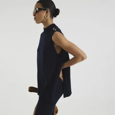 Navy Side Slit Knitted Tank Top sold by River Island