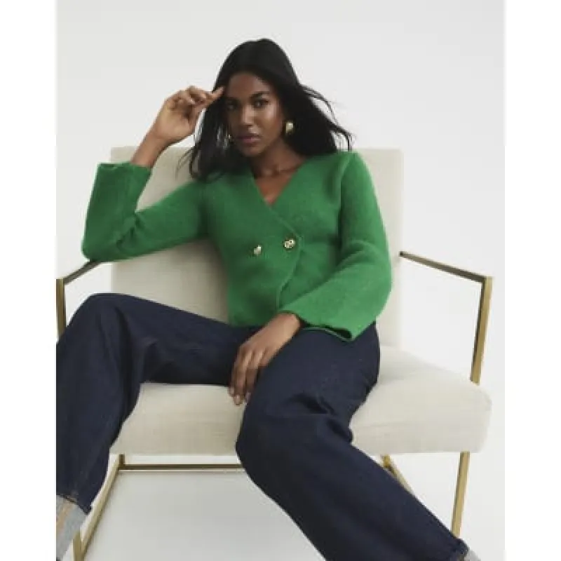 Green Asymmetric Two Button Cardigan sold by River Island