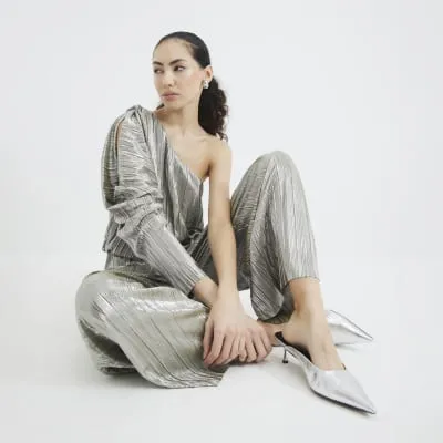 Green Metallic Asymmetric Plisse Jumpsuit sold by River Island