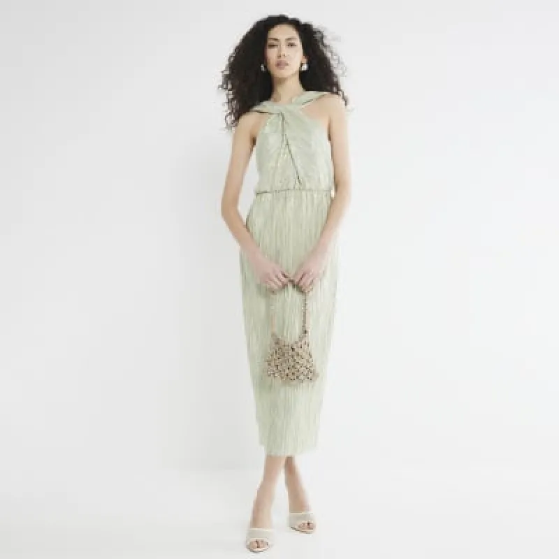 Green Twist Detail Plisse Midi Dress sold by River Island