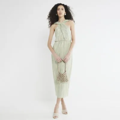 Green Twist Detail Plisse Midi Dress sold by River Island