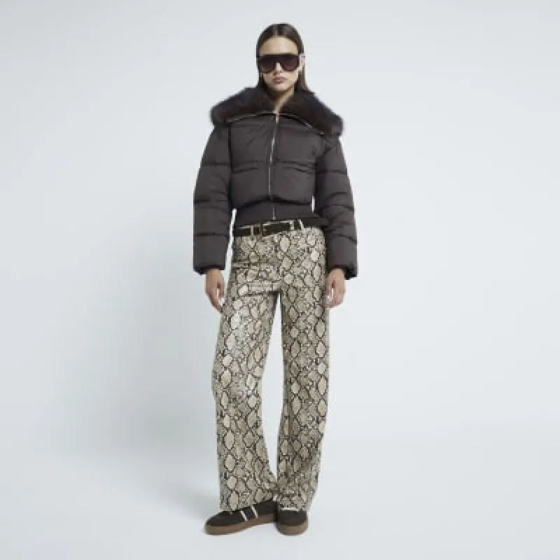 Brown Padded Faux Fur Trim Bomber Jacket sold by River Island