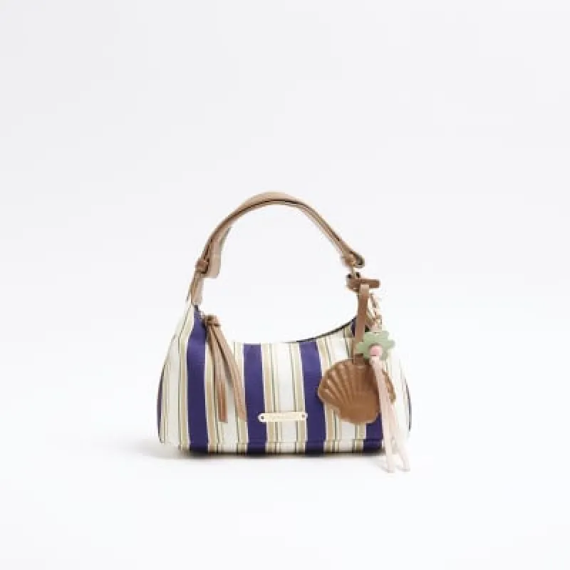 Blue Canvas Striped Charm Shoulder Bag sold by River Island