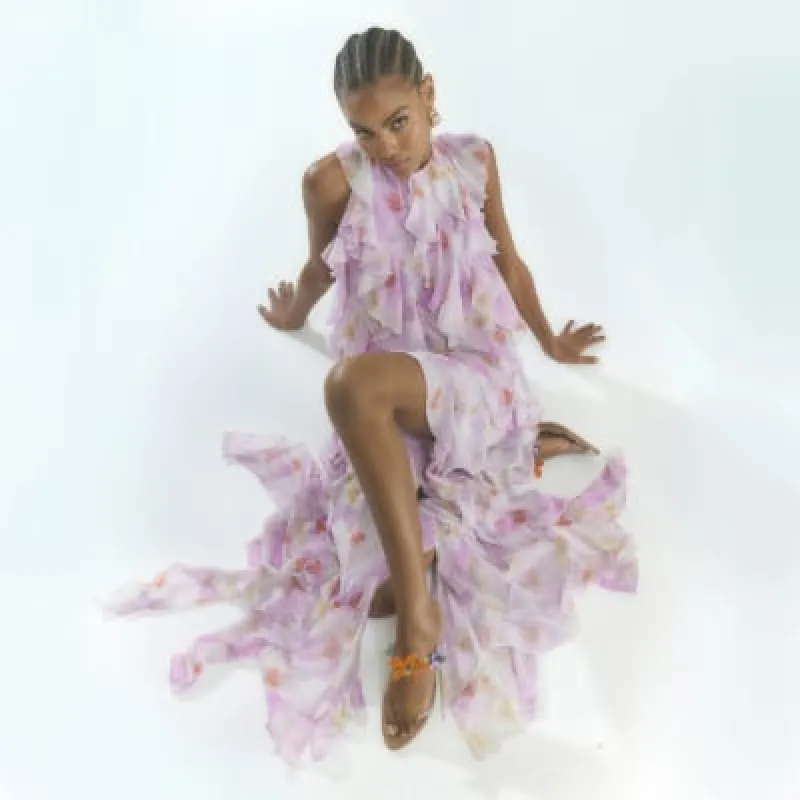 Purple Floral Ruffle Maxi Dress sold by River Island