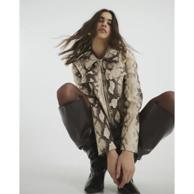 Beige Snake Print Faux Leather Jacket sold by River Island