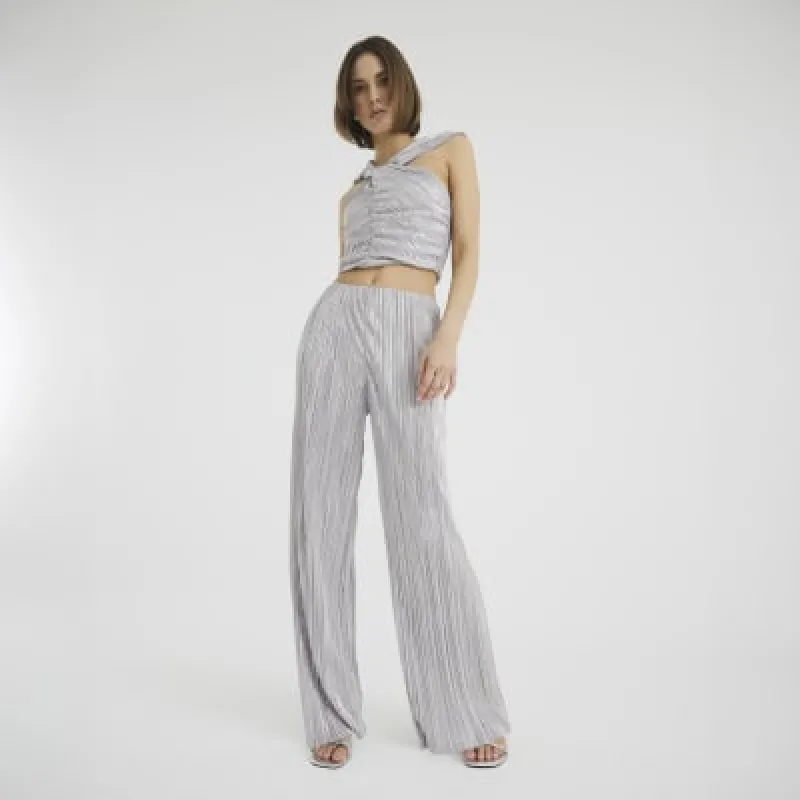 Silver Plisse Wide Leg Trousers sold by River Island