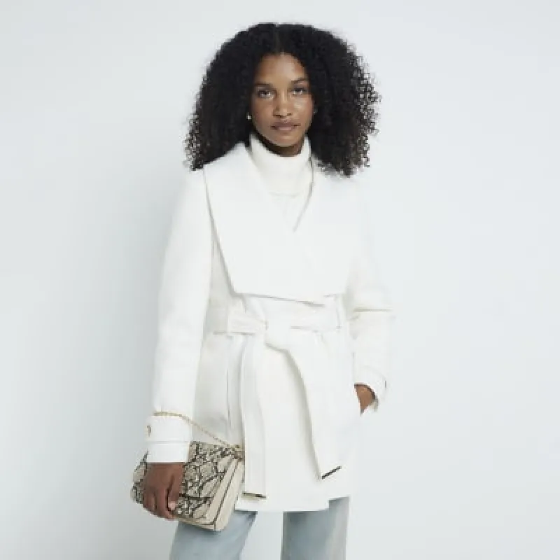 White Short Belted Wrap Coat sold by River Island