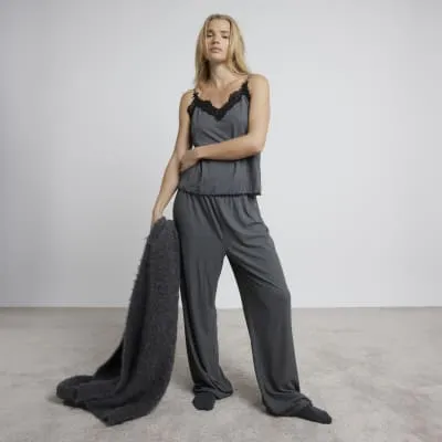 Grey Lace Trim Top and Trousers Pyjamas Set sold by River Island