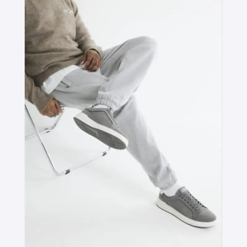 Grey Faux Leather Lace Up Chunky Trainers sold by River Island