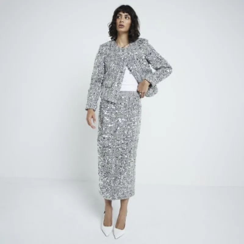 Silver Sequin Collarless Jacket sold by River Island