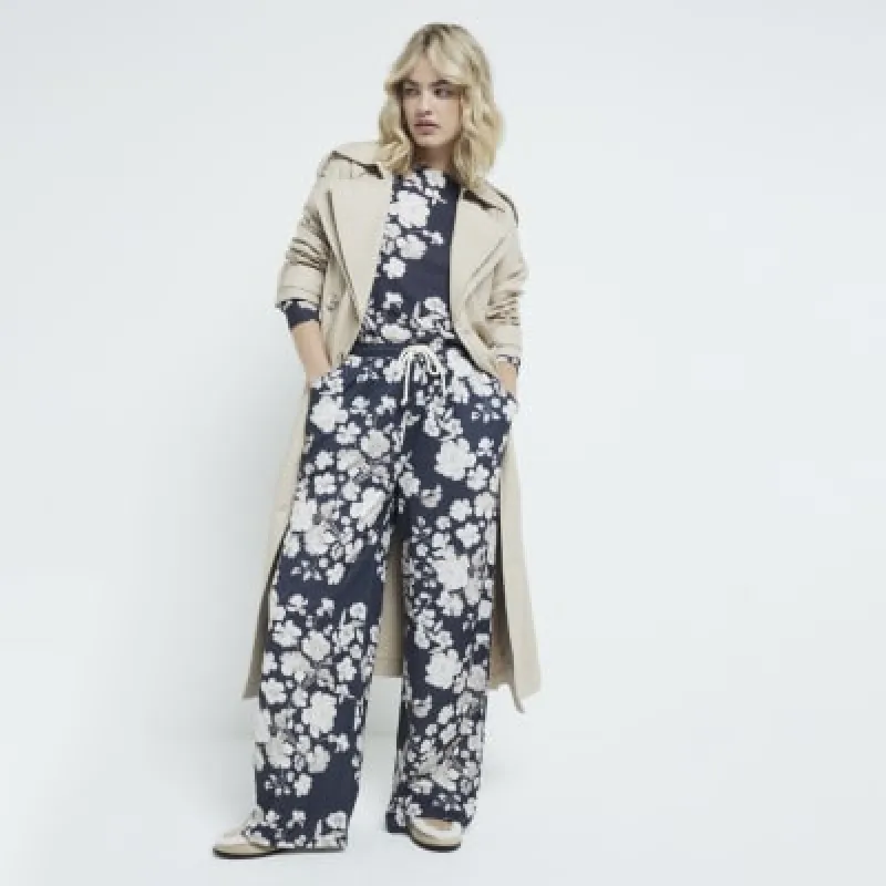 Black Floral Wide Leg Joggers sold by River Island