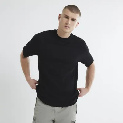 Black Short Sleeve Plisse Embroidery T-Shirt sold by River Island
