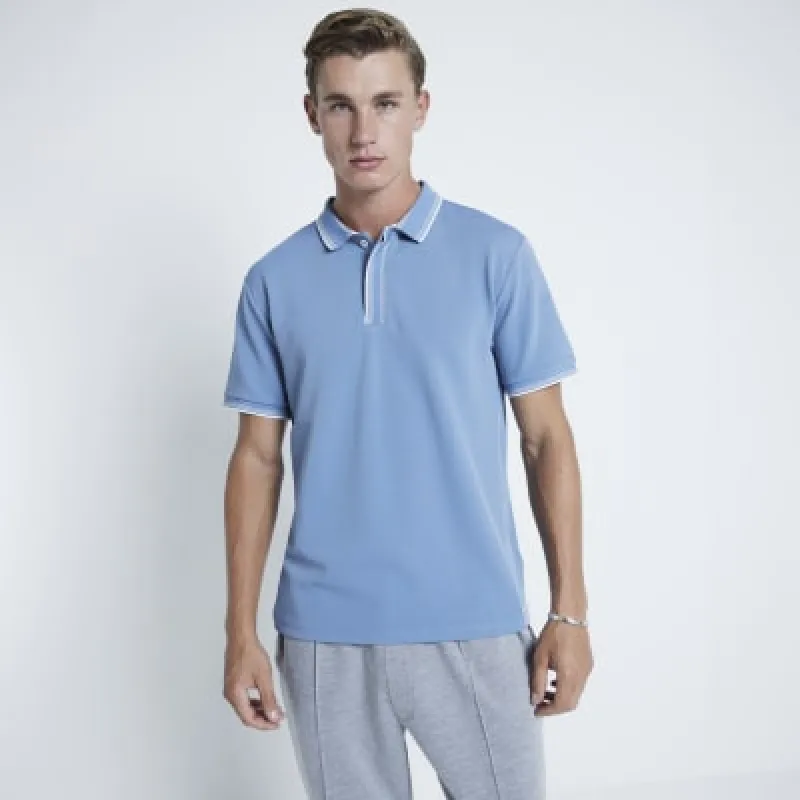 Blue Slim fit textured tipped polo shirt sold by River Island