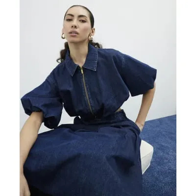 Blue Denim Short Sleeve Bubble Hem Top sold by River Island