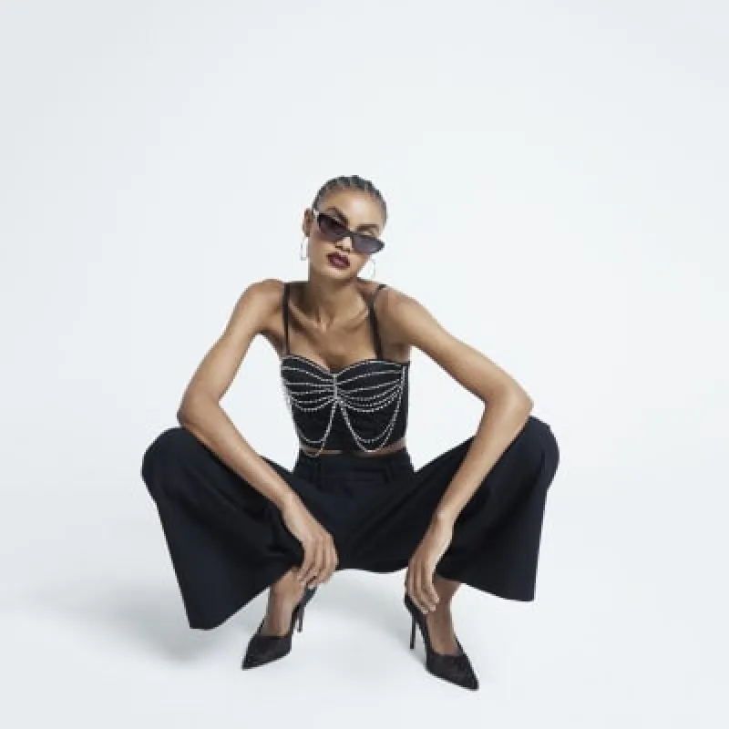 Black Denim Diamante Corset Top sold by River Island