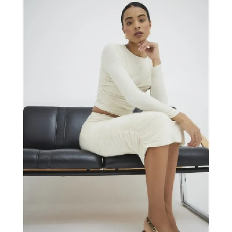 Cream Ruched Midi Column Skirt sold by River Island