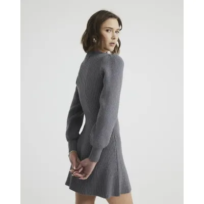 Grey Long Sleeve Knit Ribbed Mini Dress sold by River Island