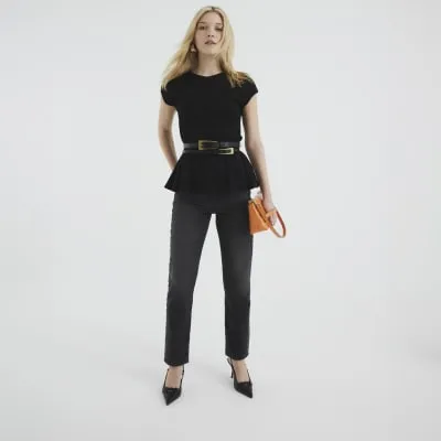 Black Short Sleeve Panel Peplum Top sold by River Island