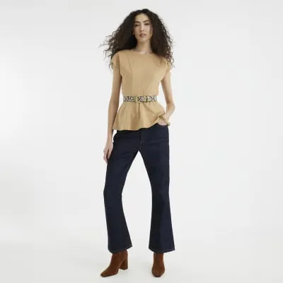 Brown Short Sleeve Panel Peplum Top sold by River Island