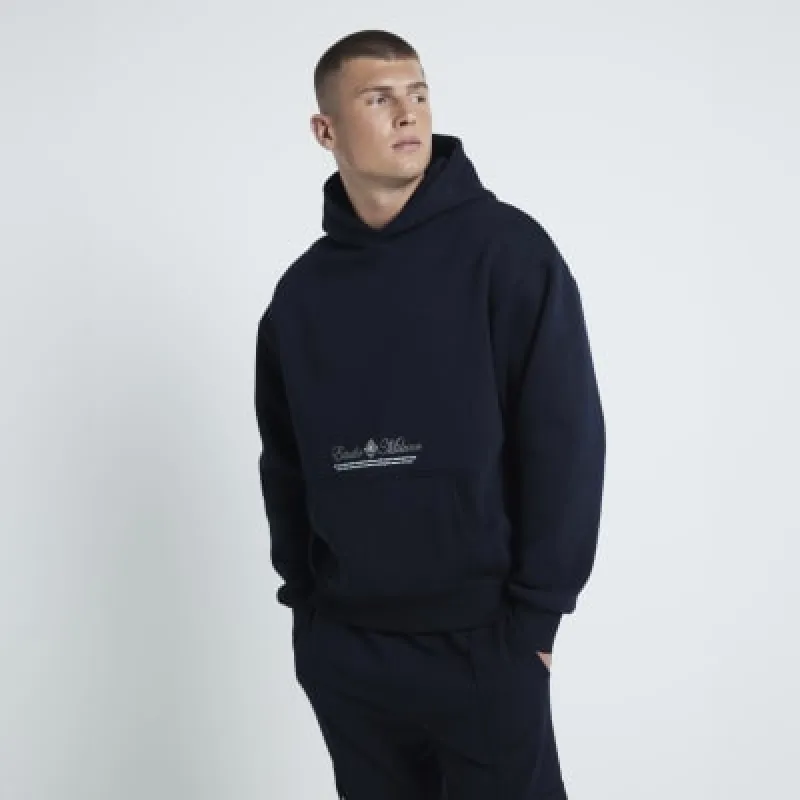 Navy oversized fit paisley graphic hoodie sold by River Island