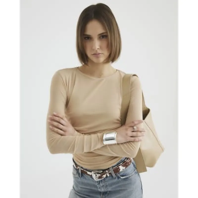 Beige Ruched Side Mesh Top sold by River Island