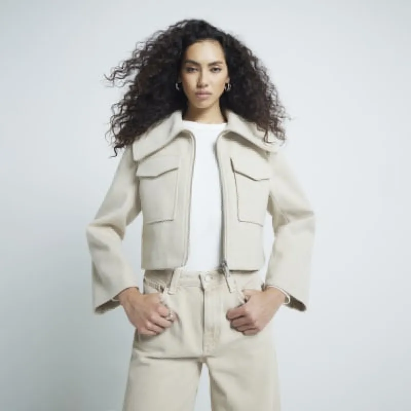 Beige Wide Collar Crop Jacket sold by River Island
