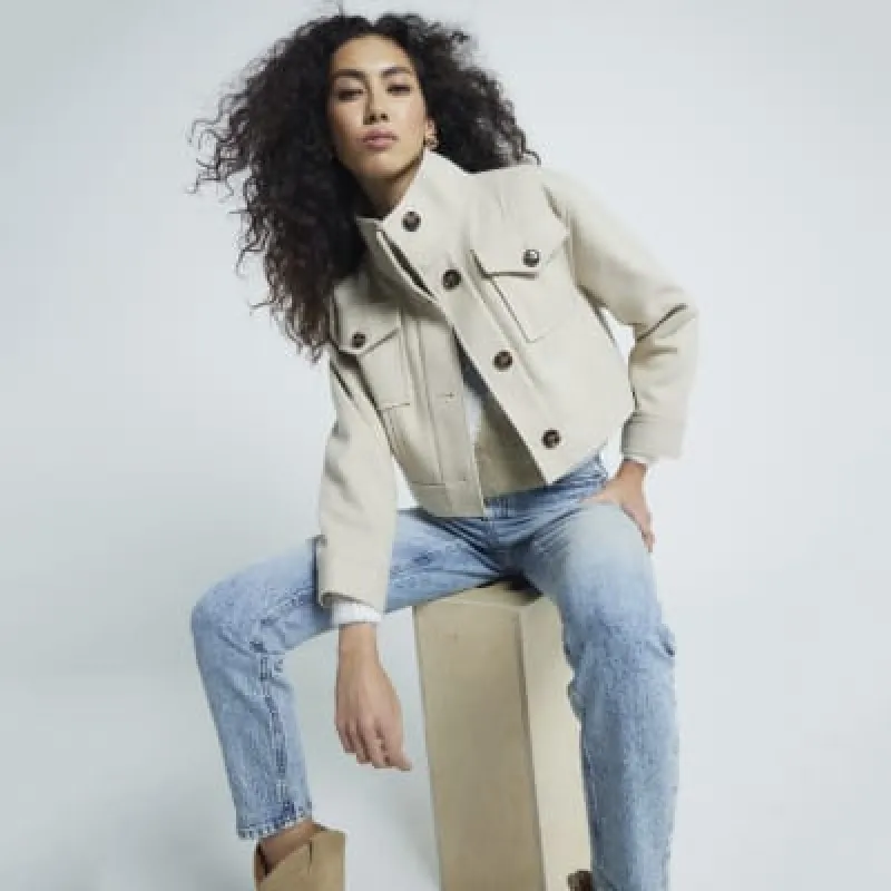 Beige Funnel Neck Crop Jacket sold by River Island