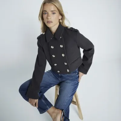 Grey short buttoned military jacket sold by River Island