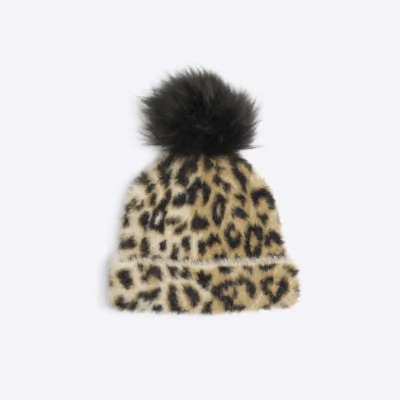 Beige Faux Fur Leopard Print Beanie sold by River Island