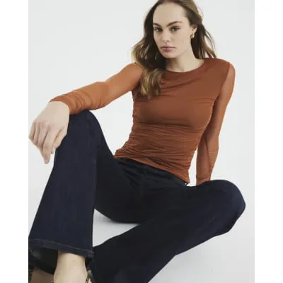 Brown Ruched Side Mesh Top sold by River Island