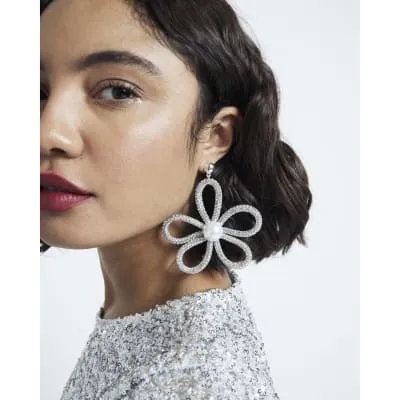 Silver Oversized Flower Drop Earrings sold by River Island